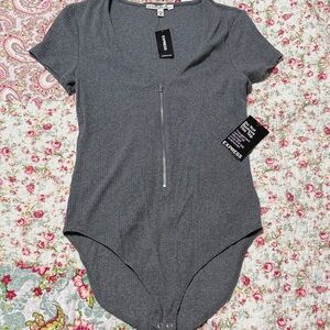 Express Charcoal Gray Ribbed Zip-Front Bodysuit